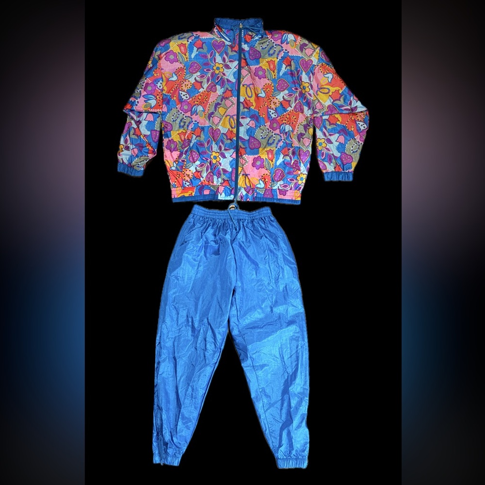 1980s Genuine Vintage Colorful Floral Windbreaker Set Blue and Multicolor